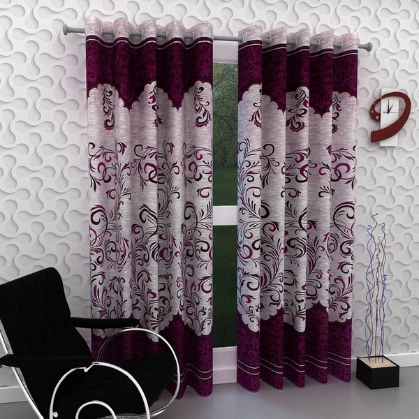 Panipat Textile Hub polyester Eyelet Purple Printed Design curtains Pack of 2 - Door (4x7 Feet)