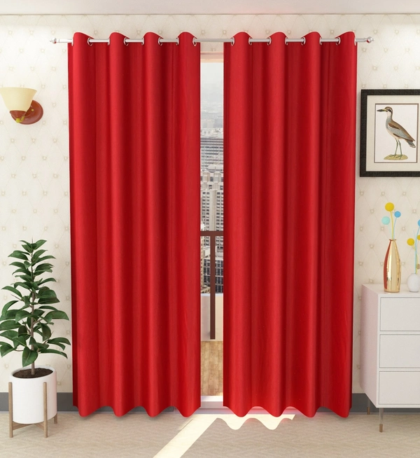 Panipat Textile Hub Polyester Eyelet Red Solid Plain curtains Pack of 2 - Door (4x7 Feet)