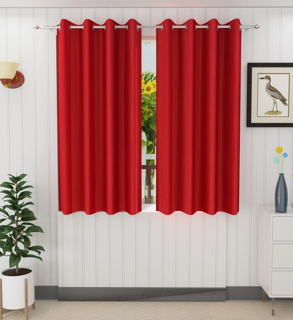 Panipat Textile Hub Polyester Eyelet Red Solid Plain curtains Pack of 2 - Door (4x7 Feet)