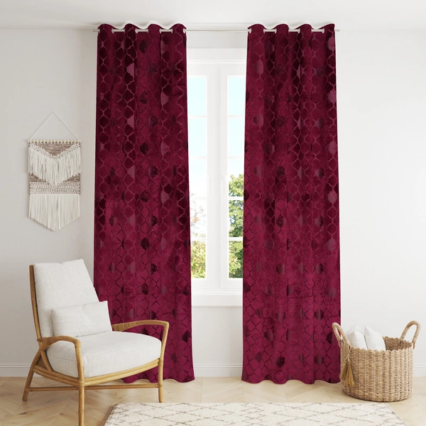Panipat Textile Hub Polyester Eyelet Wine Designer Print Velvet Blackout curtains Pack of 2 - Window (4x5 Feet)