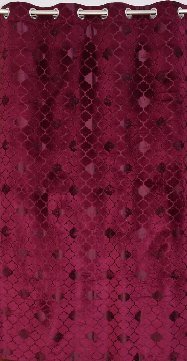 Panipat Textile Hub Polyester Eyelet Wine Designer Print Velvet Blackout curtains Pack of 2 - Window (4x5 Feet)