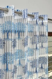 Panipat Textile Hub Semi Transparent  Net Curtains (florel Design ,Blue) Pack of 2 - Window (4x5 feet)