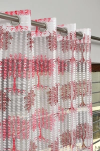 Panipat Textile Hub Semi Transparent  Net Curtains (florel Design ,Maroon) Pack of 2 - Door (4x7 Feet)