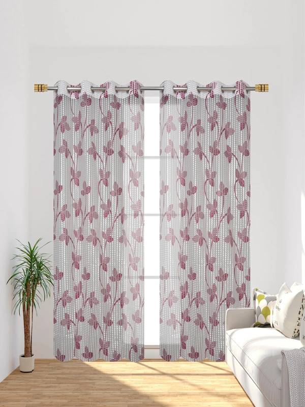 Panipat Textile Hub Semi Transparent Net Curtains (florel Design ,Wine) Pack of 2 - Long Door (4x9 Feet)