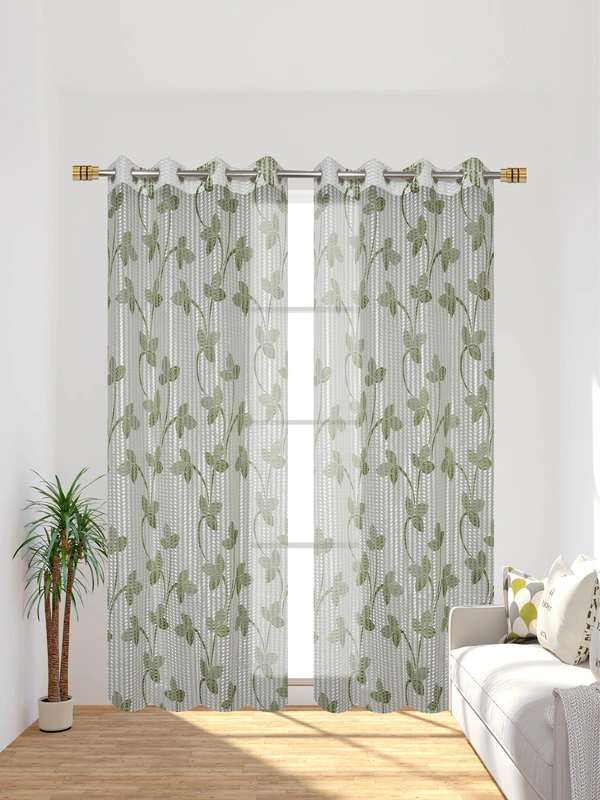 Panipat Textile Hub Semi Transparent Net Curtains (florel Design ,Green) Pack of 2 - Long Door (4x9 Feet)