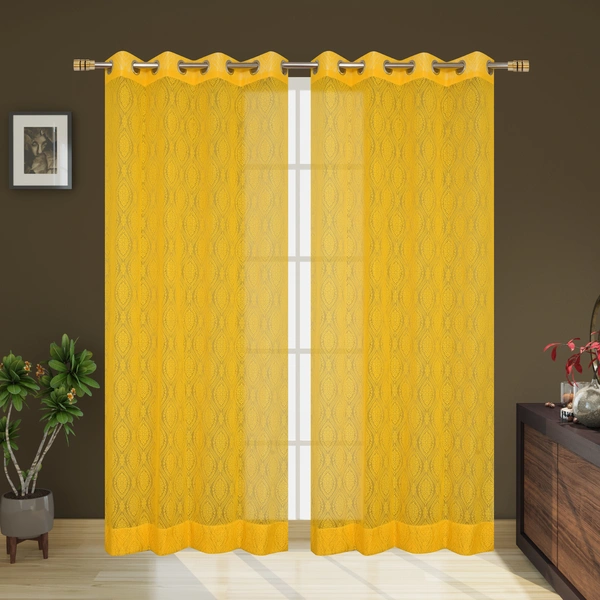 Panipat Textile Hub Semi Transparent Net Curtains (Demask Design ,Yellow) Pack of 2 - Window (4x5 feet)