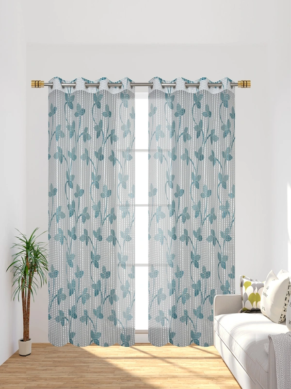 Panipat Textile Hub Semi Transparent Net Curtains (florel Design ,Aqua) Pack of 2 - Door (4x7 Feet)