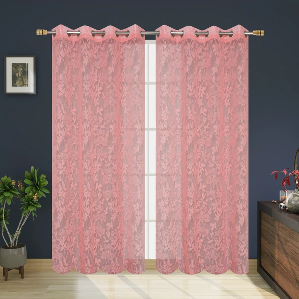 Tanishka fab Semi Transparent Net Curtains (florel Design , Baby Pink) Pack of 2 - Long Door (4x9 Feet)