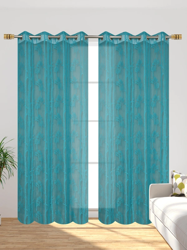 Tanishka fab Semi Transparent Net Curtains (florel Design ,Aqua) Pack of 2 - Long Door (4x9 Feet)