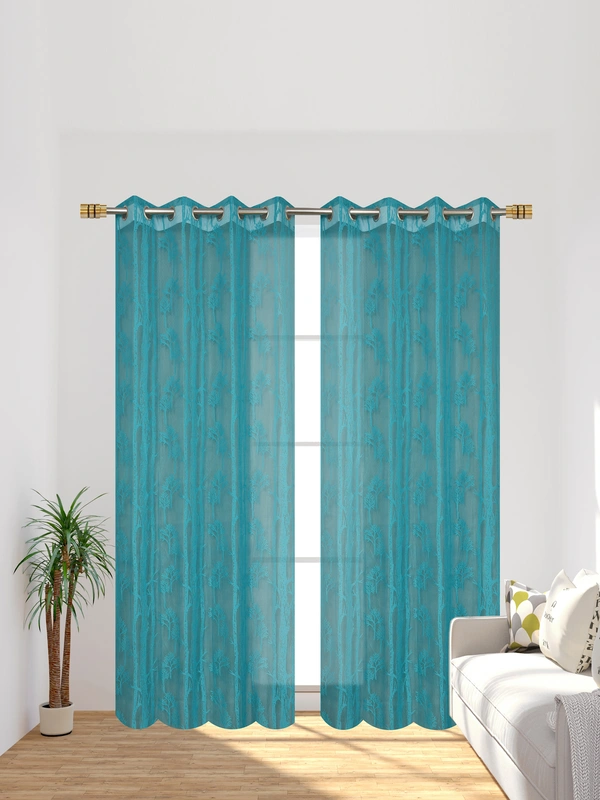 Tanishka fab Semi Transparent Net Curtains (florel Design ,Aqua) Pack of 2 - Long Door (4x9 Feet)