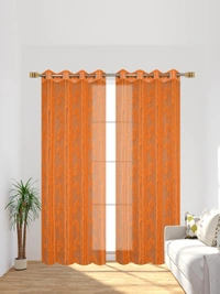 Tanishka fab Semi Transparent Net Curtains (florel Design ,Orange) Pack of 2 - Window (4x5 Feet)