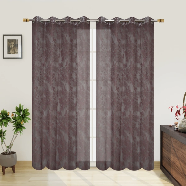 Tanishka fab Semi Transparent Net Curtains (florel Design , Wine) Pack of 2 - Long Door (4x9 Feet)