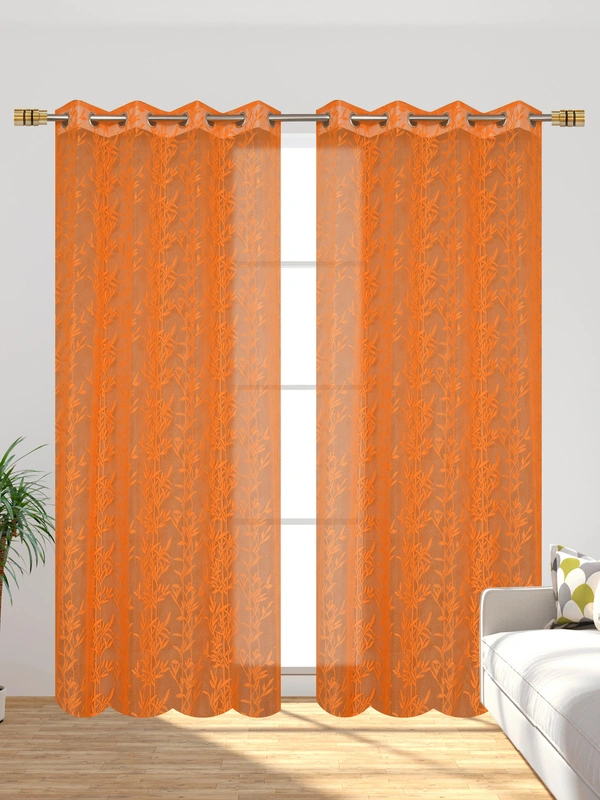 Tanishka fab Semi Transparent Net Curtains (florel Design ,Orange) Pack of 2 - Door (4x7 Feet)