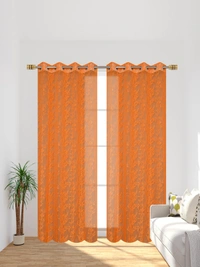 Tanishka fab Semi Transparent Net Curtains (florel Design ,Orange) Pack of 2 - Door (4x7 Feet)