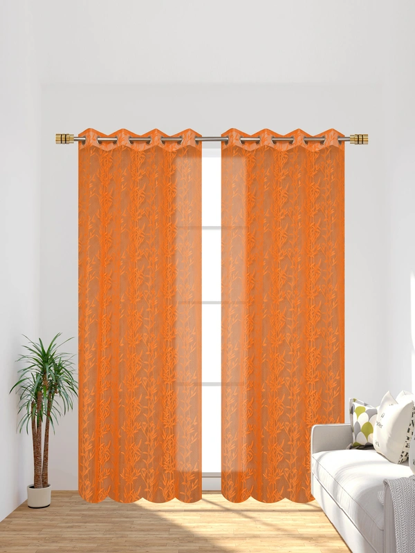 Tanishka fab Semi Transparent Net Curtains (florel Design ,Orange) Pack of 2 - Door (4x7 Feet)