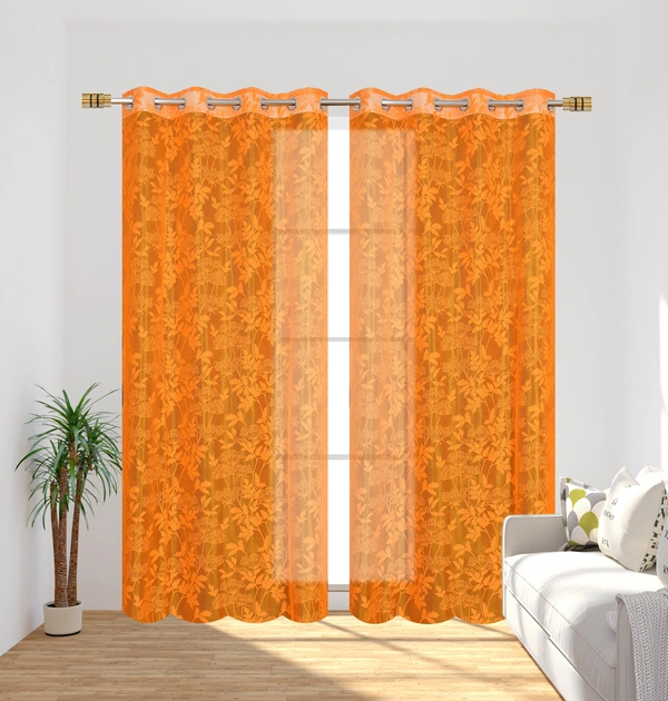 Tanishka fab Semi Transparent Net Curtains (florel Design ,Orange) Pack of 2 - Door (4x7 Feet)