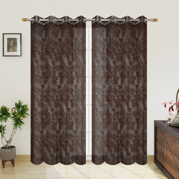 Tanishka fab Semi Transparent Net Curtains (florel Design ,Brown) Pack of 2 - Window (4x5 feet)