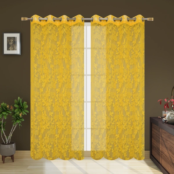 Tanishka fab Semi Transparent Net Curtains (florel Design , Yellow) Pack of 2 - Window (4x5 feet)
