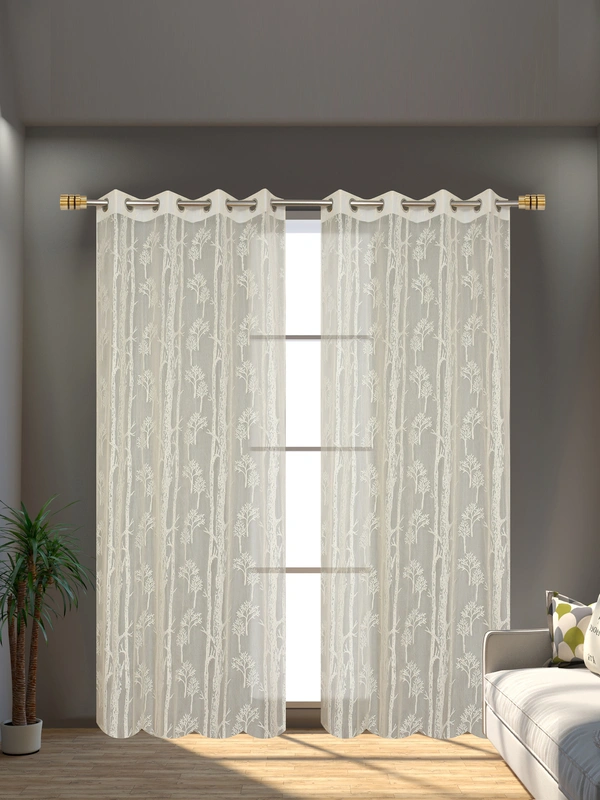 Tanishka fab Semi Transparent Net Curtains (florel Design ,Cream) Pack of 2 - Long Door (4x9 Feet)