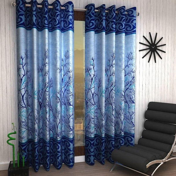 Tanishka Fabs polyester Eyelet Blue Printed Design curtains Pack of 2 - Window (4x5 Feet)