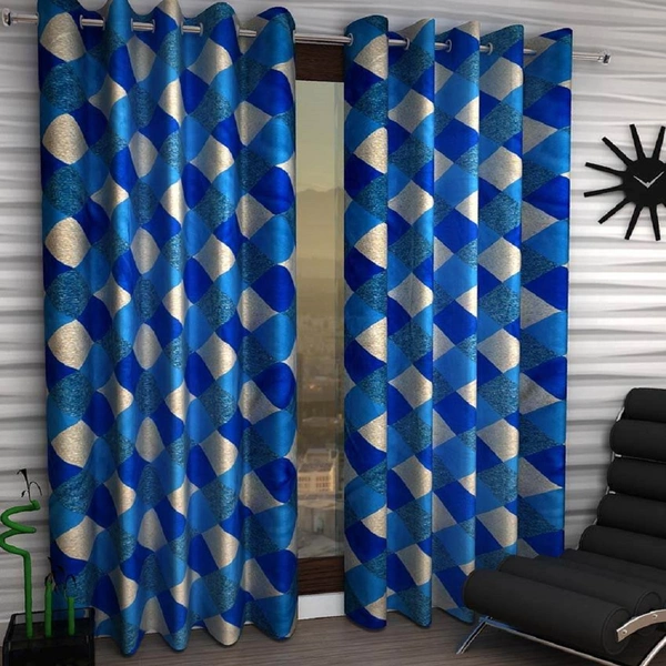 Tanishka Fabs polyester Eyelet Blue Suprimo Check Printed Design curtains Pack of 2 - Long Door (4x9 Feet)