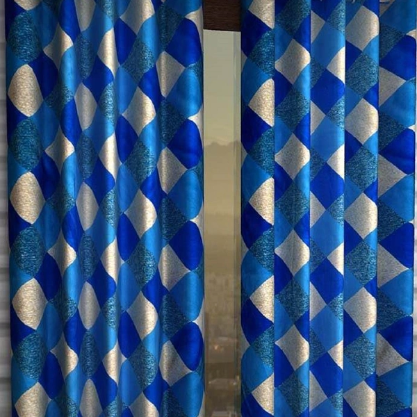 Tanishka Fabs polyester Eyelet Blue Suprimo Check Printed Design curtains Pack of 2 - Long Door (4x9 Feet)