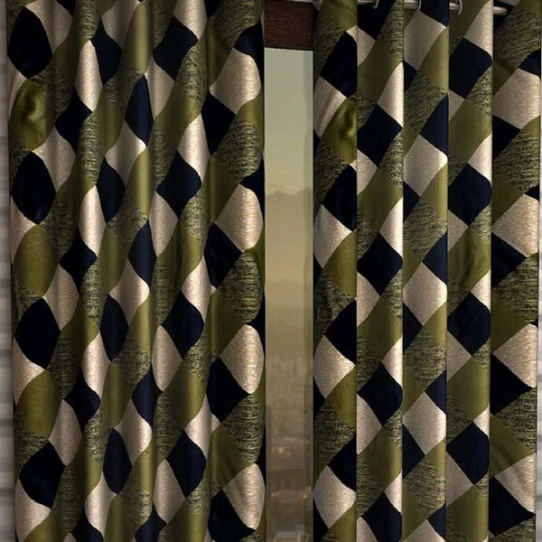 Tanishka Fabs polyester Eyelet Green Check Printed Design curtains Pack of 2 - Window (4x5 Feet)