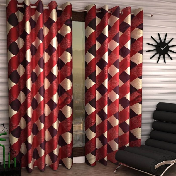 Tanishka Fabs polyester Eyelet Maroon Check Printed Design curtains Pack of 2 - Door (4x7 Feet)