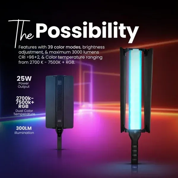 Digitek® DIGITEK® (DSL-25W RGB) Portable Handheld RGB LED Stick Light with Barn Door & Remote | 2700K–7500K Color Temp, 39 Lighting Effects, Rechargeable Wand Light with Carry Bag