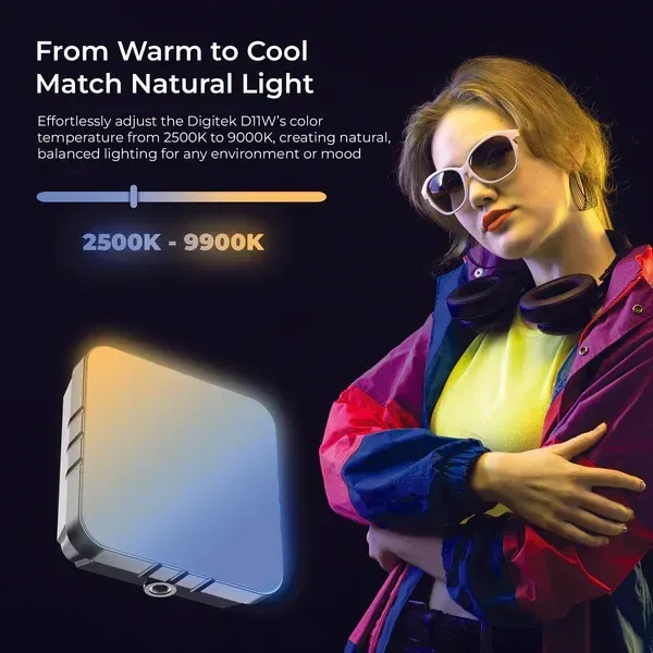 Digitek® DIGITEK LED-D11W RGB 11W Portable Mini RGB LED Video Light – 2000mAh Battery, 21 Lighting Effects, 2500K–9900K CCT, HSI 0–360°, 120° Beam, CRI 95, 1/4" Mount for Photo & Video