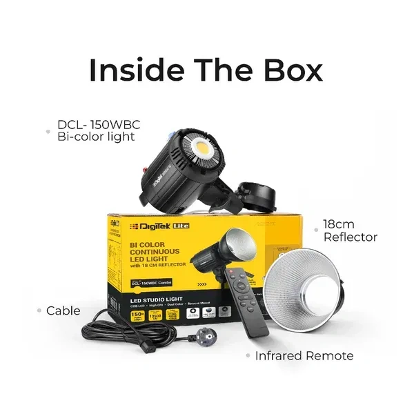 Digitek® DIGITEK Lite (DCL-150WBC Combo) 150W Bi-Color Continuous LED Light with 18cm Reflector & Infrared Remote | AC Powered, 3000K–6500K, 95 CRI, 13500 Lumen, Ideal for Photography & Video Shooting