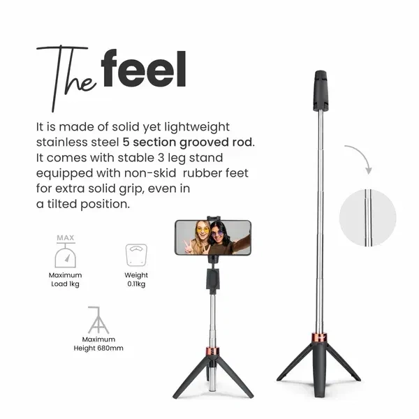 Digitek® DIGITEK® (DTR-210SS) 68cm Portable Selfie Stick | Wireless Remote, 3-Leg Tripod Base, 360° Rotation & Rubberized Feet | For All Smartphones, Photography & Videography