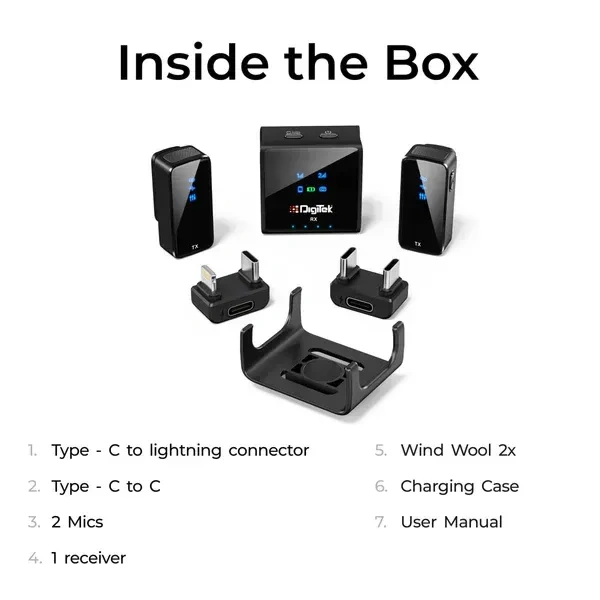 Digitek® DWM-117 2-in-1 Wireless Microphone | 70m Range, Noise Cancellation, 6Hr Battery | Type-C & Lightning Mic for Smartphone, DSLR & Vlogging