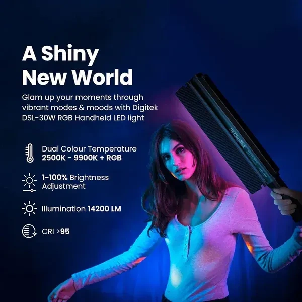 Digitek® Digitek (DSL-30W RGB) Portable Handheld RGB LED Light Wand with Grid, Diffuser & Barn Door | 5200mAh Built-in Battery | Adjustable RGB Lighting