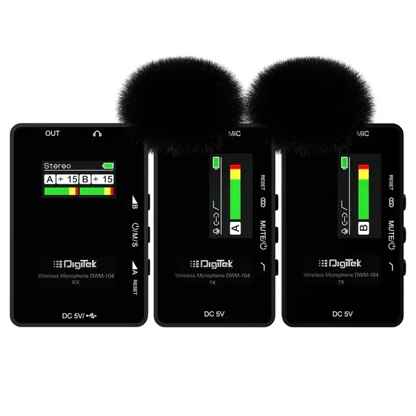 Digitek® DWM 104 Wireless Microphone System – 2 Transmitters & 1 Receiver, TFT Display, 150m Range, 10-Hour Runtime, Noise Cancellation, Low Cut, Mono/Stereo Output, 3.5mm Interface