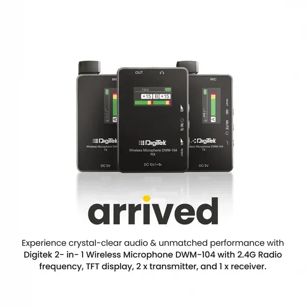 Digitek® DWM 104 Wireless Microphone System – 2 Transmitters & 1 Receiver, TFT Display, 150m Range, 10-Hour Runtime, Noise Cancellation, Low Cut, Mono/Stereo Output, 3.5mm Interface