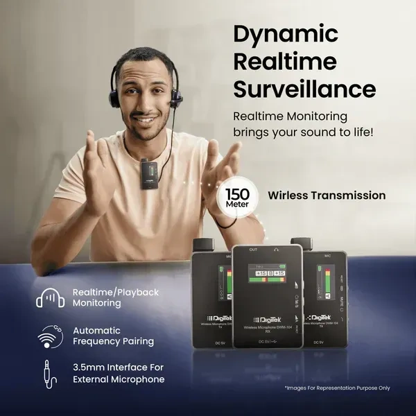 Digitek® DWM 104 Wireless Microphone System – 2 Transmitters & 1 Receiver, TFT Display, 150m Range, 10-Hour Runtime, Noise Cancellation, Low Cut, Mono/Stereo Output, 3.5mm Interface