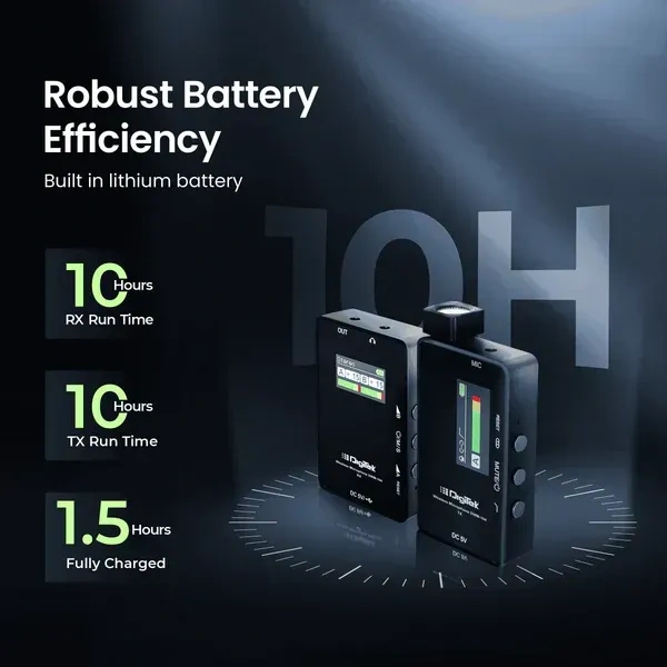 Digitek® DWM 104 Wireless Microphone System – 2 Transmitters & 1 Receiver, TFT Display, 150m Range, 10-Hour Runtime, Noise Cancellation, Low Cut, Mono/Stereo Output, 3.5mm Interface