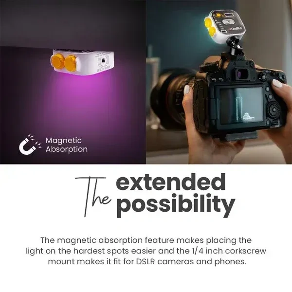 Digitek® Digitek (LED-D10W) RGB LED Video Light | 360° Full Color Portable Camera Light with 3 Cold Shoe Mounts, 2000mAh Battery, CRI 95+, 2500–9000K Dimmable Magnetic Panel