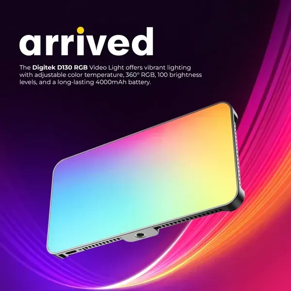 Digitek® Digitek LED-D130 RGB 12W Portable Video Light | 130 LEDs, 2500–9900K, 4000mAh Battery, 21 FX Modes, HSI 360°, Adjustable Brightness