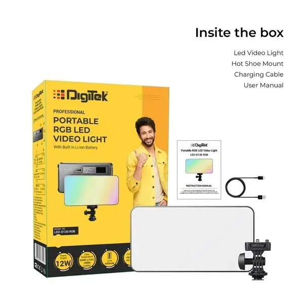 Digitek® Digitek LED-D130 RGB 12W Portable Video Light | 130 LEDs, 2500–9900K, 4000mAh Battery, 21 FX Modes, HSI 360°, Adjustable Brightness