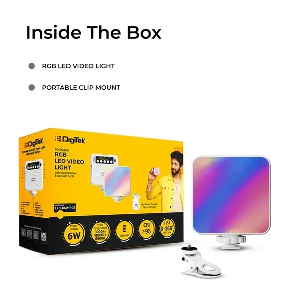 Digitek® Digitek (LED-D6W RGB) Portable Mini RGB LED Video Light | 360° HSI, 3000K–6000K, 9 FX Modes, 8-Level Brightness, Built-in Battery, Type-C Charging for Photography & Video Shoots