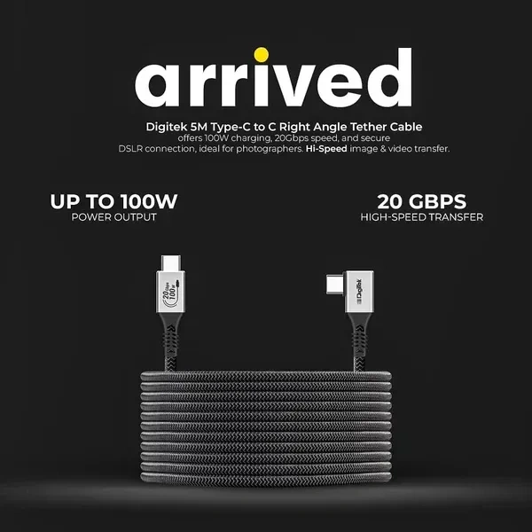 Digitek® 5M Type-C to Type-C Right Angle Tethering Cable | 100W PD | 20Gbps Data | Nylon Braided for Photography & Videography