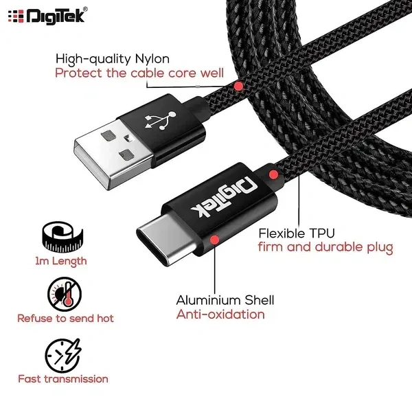 Digitek® DC-1M C NBBLK Platinum Nylon Braided USB Type-C Cable – 1M, Rapid Charge & Data Sync, Black