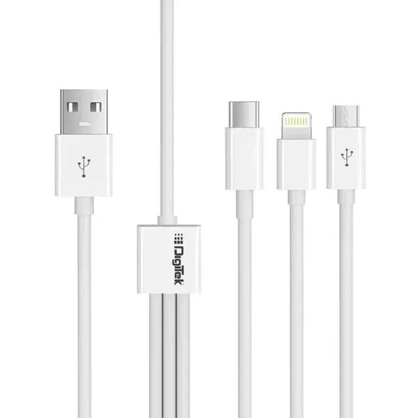 Digitek® DC1M 3-in-1 Lightning Cable – 2A, 1M, White, Compatible with iPhone, USB Type-C & Micro USB Devices