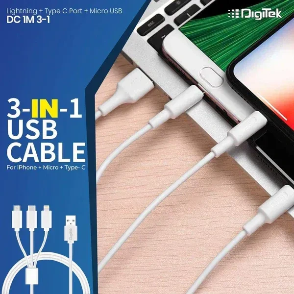 Digitek® DC1M 3-in-1 Lightning Cable – 2A, 1M, White, Compatible with iPhone, USB Type-C & Micro USB Devices
