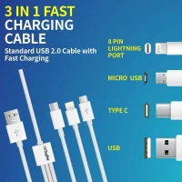 Digitek® DC1M 3-in-1 Lightning Cable – 2A, 1M, White, Compatible with iPhone, USB Type-C & Micro USB Devices