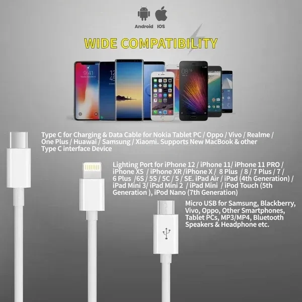 Digitek® DC1M 3-in-1 Lightning Cable – 2A, 1M, White, Compatible with iPhone, USB Type-C & Micro USB Devices