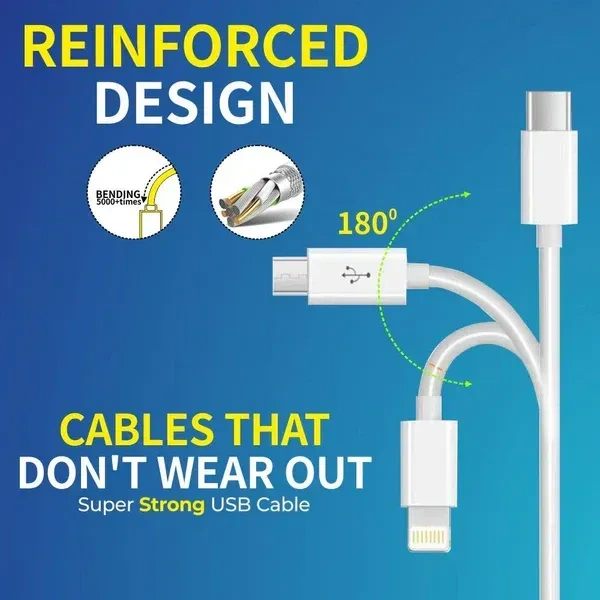 Digitek® DC1M 3-in-1 Lightning Cable – 2A, 1M, White, Compatible with iPhone, USB Type-C & Micro USB Devices