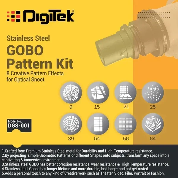 Digitek® Digitek DGS 001 GOBO Pattern Kit for Photography & Videography | 8 Stainless Steel Patterns for Optical Snoots